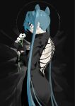  absurdres black_dress black_gloves blue_eyes blue_hair closed_mouth dress dripping earrings flower gloves half_gloves hatsune_miku highres holding holding_flower jewelry long_hair mitsuki3s_kir original pink_lips twintails very_long_hair vocaloid white_flower 