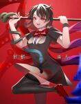  1girl :d asymmetrical_wings bangs black_hair black_legwear blue_wings bow bowtie center_frills footwear_bow frills guumin highres holding holding_polearm holding_weapon houjuu_nue leg_up looking_at_viewer nue_day open_mouth polearm red_background red_bow red_bowtie red_eyes red_footwear red_wings short_hair short_sleeves simple_background smile snake_armband solo thigh-highs touhou weapon wings wristband 