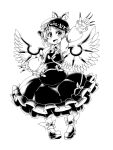  1girl animal_ears bird_ears bird_wings blush dress fang fingernails frilled_dress frilled_sleeves frills full_body greyscale ini_(inunabe00) long_fingernails long_sleeves monochrome mystia_lorelei nail_polish open_mouth sharp_fingernails shoes short_hair simple_background smile solo touhou white_background winged_hat wings 