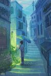  1boy artist_name black_hair building commentary english_commentary foliage from_side holding holding_umbrella mini-moss open_hand original outdoors plant power_lines rain scenery short_hair solo stairs umbrella utility_pole vines water_drop 