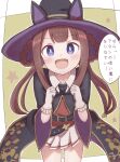  1girl animal_ears belt blush brown_hair clenched_hands commentary_request gloves hair_rings hat highres horse_ears horse_girl necktie open_mouth simple_background solo sunanuko_(ramuneko) sweep_tosho_(umamusume) translation_request twintails umamusume witch_hat 