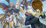  brown_hair clenched_hand denjyou23 glowing gundam gundam_seed gundam_seed_destiny hair_behind_ear kira_yamato looking_ahead mechanical_wings parted_lips pilot_suit science_fiction sky strike_freedom_gundam v-fin violet_eyes wings yellow_eyes 