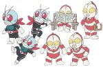 2boys alien boots chibi clenched_hands gloves helmet kamen_rider kamen_rider_(series) kamen_rider_1 multiple_boys multiple_views reading red_eyes sitting surprised tokusatsu tsubobot ultra_series ultraman ultraman_(1st_series) white_background white_footwear white_gloves yellow_eyes