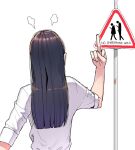  1girl angry back black_hair brown_hair fingernails gradient gradient_hair grey_background highres long_hair middle_finger multicolored_hair ohasi original road_sign sign simple_background sleeves_rolled_up solo 