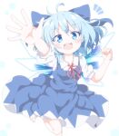  1girl :d ahoge bangs barefoot blue_bow blue_dress blue_eyes blue_hair bow cirno collared_shirt do_(4-rt) dress hair_bow highres looking_at_viewer open_mouth pinafore_dress shirt short_hair short_sleeves simple_background smile solo touhou white_background white_shirt 