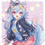  1girl animal_ears arcadia_zero blue_hair blue_hoodie blue_jacket blush commission crescent crescent_hair_ornament crescent_moon fox_ears fox_girl fox_tail hair_ornament hood hoodie indie_virtual_youtuber jacket long_hair long_sleeves looking_at_viewer moon open_mouth pink_skirt shione_(memento_forest) skeb_commission skirt smile solo star_(symbol) starry_background tail violet_eyes virtual_youtuber 