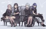  4girls black_hair brown_hair chair character_request colorful_palette copyright_name copyright_request crypton_future_media grey_hair hands_on_lap high_heels kneeling leather_chair microphone multiple_girls piapro purple_hair sega simple_background sitting sketch skirt 