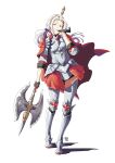  1girl adjusting_clothes adjusting_gloves alternate_hairstyle armor automatic_giraffe axe bangs breasts cape closed_mouth edelgard_von_hresvelg fire_emblem fire_emblem:_three_houses fire_emblem_warriors:_three_hopes full_body gloves hair_ornament hair_over_one_eye hair_ribbon highres long_hair looking_at_viewer official_alternate_costume official_alternate_hairstyle red_cape ribbon simple_background skirt solo violet_eyes weapon white_hair 