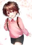  1boy ahoge backpack bag blush cardigan cherry_blossoms child collared_shirt grey_shorts highres looking_at_viewer male_child male_focus open_mouth original pink_theme shino_(shino1028) shirt short_hair shorts smile solo white_background white_shirt 