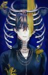  1boy animal animal_on_chest animal_on_shoulder bangs blue_background blue_eyes blue_theme brown_hair chain frog hair_over_eyes high_collar highres liquid looking_at_viewer male_focus one_eye_covered original portrait ribs salmonpig shirt short_hair skeleton tight tight_shirt 