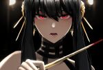  1girl absurdres bangs black_hair blood eyebrows_behind_hair hair_between_eyes hair_ornament highres holding holding_weapon long_hair looking_at_viewer open_mouth red_eyes solo spy_x_family upper_body wawamachi_(wawamachis) weapon yor_briar 