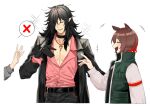 +++ 1boy 1girl animal_ears arknights bangs belt black_coat black_gloves black_hair blush catapult_(arknights) chain coat ear_piercing gloves hair_over_one_eye horse_ears horse_girl infection_monitor_(arknights) jacket jewelry long_hair long_sleeves male_cleavage midnight_(arknights) multicolored_hair necklace parted_lips pectoral_cleavage pectorals piercing pink_hair pink_shirt pointy_ears shirt short_hair simple_background sparkle streaked_hair suika_aji upper_body white_background x