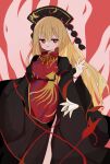  1girl 76gpo :d bangs black_dress blonde_hair dress energy flower headdress highres junko_(touhou) long_hair long_sleeves looking_at_viewer open_mouth red_background red_eyes smile solo standing tabard tassel touhou white_flower wide_sleeves 