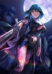  1girl armor bangs black_coat black_shirt black_shorts blue_eyes blue_hair breasts brown_legwear bustier byleth_(fire_emblem) byleth_eisner_(female) clothing_cutout clouds coat commentary_request dagger fire_emblem fire_emblem:_three_houses fire_emblem_warriors:_three_hopes full_moon hair_between_eyes highres holding holding_sword holding_weapon knife large_breasts legwear_under_shorts lens_flare long_hair looking_at_viewer moon navel navel_cutout night open_mouth outdoors pantyhose patterned_legwear shirt short_shorts shorts sidelocks solo standing sword sword_of_the_creator tassel vambraces weapon yukimiyuki 