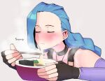  1girl armpit_crease bare_shoulders black_choker black_gloves blue_hair blush bowl choker chopsticks closed_eyes closed_mouth collarbone eating fingerless_gloves fingernails food food_in_mouth gloves grey_background holding holding_bowl holding_chopsticks jewelry jinx_(league_of_legends) league_of_legends long_hair necklace noodles ohasi ramen simple_background solo steam sweat upper_body 