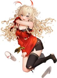  1girl asymmetrical_legwear bad_link black_skirt black_thighhighs blonde_hair burnt_clothes clothes_tug detached_horns full_body grey_eyes horns hoshiakari_(c2_kikan) kantai_collection looking_at_viewer minneapolis_(kancolle) minneapolis_(setsubun)_(kancolle) off-shoulder_sweater off_shoulder official_art red_sweater skirt smile solo standing sweater sweater_tug thigh-highs torn_clothes transparent_background two_side_up uneven_legwear unworn_slippres wavy_hair 