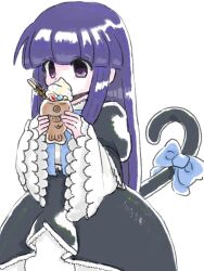  1girl blunt_bangs bow cat_tail dress eating food frederica_bernkastel highres higuyuki0 holding holding_food ice_cream long_hair long_sleeves purple_hair sleeves_past_wrists solo tail tail_bow tail_ornament taiyaki umineko_no_naku_koro_ni violet_eyes wagashi 