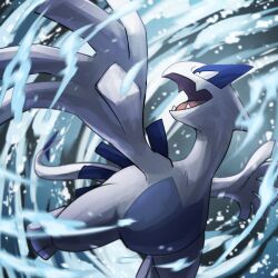  absurdres bird commentary_request fangs highres lugia no_humans open_mouth pokemon pokemon_(creature) pokemon_focus skin_fangs solo spicyichizo tail water wings 