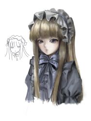  1girl black_souls black_souls_2 blonde_hair blue_bow blue_bowtie blue_dress bow bowtie ch4nda commentary_request doll_alice_(black_souls) dress expressionless frilled_hairband frills hairband highres long_hair looking_at_viewer simple_background solo white_background white_hairband 