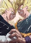 2boys absurdres anger_vein angry arm_up bangs biceps blonde_hair blue_eyes blue_wristband boots clenched_hand clenched_teeth commentary_request dragon_ball dragon_ball_z duel facial_mark fighting forehead_mark gloves hand_grab highres injury large_pectorals liedein looking_at_another majin_vegeta male_focus manly multiple_boys muscular muscular_male orange_shirt pectorals serious shirt signature son_goku spiky_hair super_saiyan super_saiyan_2 teeth thick_eyebrows torn_clothes vegeta white_gloves