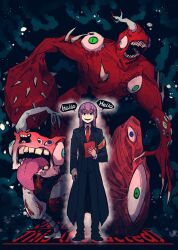  2others black_pants black_sclera black_suit blue_eyes claws colored_sclera colored_skin employee_(project_moon) english_text extra_eyes green_eyes holding holding_notebook imminent_death lobotomy_corporation looking_at_viewer monster multiple_others necktie notebook nothing_there nugget_(project_moon) open_mouth pants partially_shaded_face project_moon purple_hair red_necktie red_skin sabaage shirt smile speech_bubble standing suit tongue tongue_out white_shirt wide_sleeves 