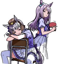  2girls animal_ears aqua_bow blunt_bangs bow bowtie breasts brown_hat chair chime! closed_mouth ear_bow ear_ribbon eraser gold_ship_(umamusume) grey_hair hashtag-only_commentary hat highres holding_table_tennis_paddle horse_ears horse_girl horse_tail large_breasts long_hair mejiro_mcqueen_(umamusume) multiple_girls on_chair pillbox_hat pleated_skirt puffy_short_sleeves puffy_sleeves purple_bow purple_bowtie purple_hair purple_shirt sailor_collar sailor_shirt school_uniform shirt short_sleeves sitting sitting_backwards skirt smile tail thigh-highs tracen_school_uniform umamusume violet_eyes white_sailor_collar white_skirt white_thighhighs 