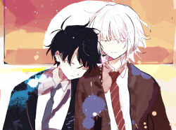  2boys absurdres akinashi_haru black_hair black_jacket blue_necktie brown_jacket closed_eyes collared_shirt dress_shirt head_on_another's_shoulder head_rest highres jacket male_focus multiple_boys necktie official_art_redraw paint_splatter qing_qing_zhi_zi_chu red_necktie saihate_eki shirt short_hair smile tatsunami_shion upper_body white_hair 