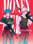  2boys alternate_costume bakugou_katsuki bare_arms black_shirt black_tank_top blonde_hair boku_no_hero_academia character_name clenched_hand closed_mouth collarbone commentary_request copyright_name earrings green_eyes green_hair gun highres holding holding_gun holding_weapon jewelry juizyya jumpsuit jumpsuit_around_waist looking_at_another looking_at_viewer male_focus midoriya_izuku money_heist multiple_boys partial_commentary red_background red_eyes red_jumpsuit rifle scar scar_on_arm shirt short_hair short_sleeves spiky_hair standing tank_top thai_commentary twitter_username weapon 