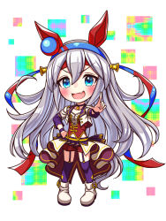  1girl animal_ears blue_eyes blue_hairband blush bodice boots breasts chibi chibi_only choker collarbone commentary_request corset cropped_jacket ear_covers fang full_body garter_straps grey_hair grey_tail hair_between_eyes hairband headband highres horse_ears horse_girl horse_tail jacket long_hair long_sleeves looking_at_viewer midriff_peek multicolored_hairband navel open_mouth overskirt pendant_choker purple_choker purple_garter_straps purple_thighhighs red_corset red_headband red_shorts shirt shorts small_breasts smile solo star_(symbol) starting_future_(umamusume) striped_clothes striped_hairband sugimotty_nova tail tamamo_cross_(umamusume) thigh-highs two-tone_hairband umamusume umapyoi_densetsu very_long_hair white_boots white_jacket white_shirt wristband 