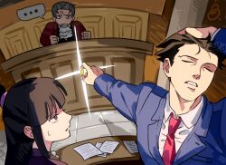  1girl 2boys ace_attorney badge black_hair black_shirt blue_jacket chinese_commentary commentary_request courtroom gameplay_mechanics grey_hair holding holding_badge jacket jujutsu_kaisen maya_fey meme miles_edgeworth mq7771 multiple_boys naoya_hitting_choso_without_looking_(meme) necktie parody phoenix_wright red_jacket red_necktie shirt spiky_hair upper_body white_shirt 