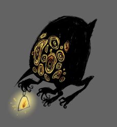  4_vy000 big_bird_(project_moon) bird black_feathers commentary extra_eyes feathers fire grey_background highres holding holding_lantern lantern lobotomy_corporation monster no_humans project_moon simple_background solo talons walking yellow_eyes 
