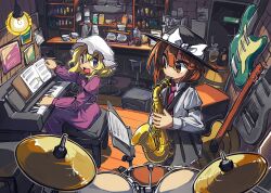  2girls absurdres alto_saxophone barrel black_skirt blonde_hair bow brown_eyes brown_hair collared_shirt commentary_request cup doggo_1d34 dress drum guitar hat hat_bow highres holding holding_instrument indoors instrument jar light_bulb long_sleeves maribel_hearn medium_hair mob_cap multiple_girls music necktie open_mouth piano playing_instrument purple_dress red_necktie ribbon-trimmed_skirt ribbon_trim sheet_music shirt sitting skirt smile teacup touhou usami_renko violet_eyes white_bow white_hat white_shirt 