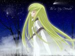  artist_request background_text bangs bodysuit c.c. code_geass english_text eyebrows_behind_hair fog from_side highres long_hair looking_away night night_sky outdoors parted_lips sidelocks sky snowflakes star_(sky) starry_sky strap tree very_long_hair white_bodysuit wide_sleeves winter yellow_eyes 