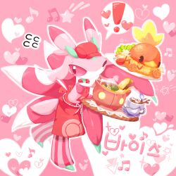  ! 1other apron clothed_pokemon commentary_request commission flying_sweatdrops full_body hat heart highres korean_commentary korean_text litwick lurantis musical_note one_eye_closed pokemon pokemon_(creature) pokemon_cafe_remix pumpkaboo red_apron red_hat speech_bubble spoken_exclamation_mark torchic translation_request ttrtag 