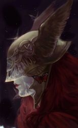  1girl absurdres black_background bug butterfly commentary covered_eyes elden_ring english_commentary evigilatio from_side helmet helmet_over_eyes highres iridescent lips long_hair malenia_blade_of_miquella pale_skin portrait profile red_hair solo sparkle winged_helmet yellow_eyes 