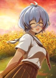  1girl blue-framed_eyewear blue_hair cinderella_series closed_eyes commentary_request evening field flower flower_field glasses gradient_sky hachigatsu_no_cinderella_nine hase_maria necktie petals plaid_clothes plaid_skirt sailor_collar sarada_(tansan_140) satogahama_school_uniform school_uniform shirt short_hair short_sleeves skirt sky smile solo sunflower sunflower_field twitter_username white_sailor_collar white_shirt yellow_petals 