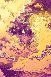  absurdres cloud_focus clouds cloudy_sky color_contrast commentary cumulonimbus_cloud english_commentary fantasy glowing halo hatching_(texture) highres limited_palette maria_capelle_frantz nature on_cloud orange_clouds original outdoors pink_clouds purple_clouds purple_sky scenery silhouette sky sky_focus solo standing star_(sky) star_(symbol) sunset twilight very_wide_shot warm_colored yellow_clouds yellow_sky 