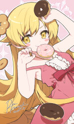  1girl blonde_hair center_frills commentary_request doughnut dress fang flat_chest flipped_hair food food_in_mouth frills hair_flaps highres holding holding_food kamiyoshi_rika long_hair looking_at_viewer monogatari_(series) oshino_shinobu pink_background pink_dress ribbon-trimmed_dress ribbon_trim skin_fang smile solo yellow_eyes 