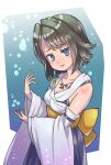  1girl blue_eyes breasts brown_hair closed_mouth detached_sleeves final_fantasy final_fantasy_x hair_ornament hakama highres japanese_clothes jewelry kuwango looking_at_viewer necklace short_hair smile solo yuna_(ff10) 