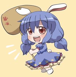  1girl :d animal_ears blue_dress blue_hair blush chibi chibi_only commentary_request crescent_print dot_nose dress frilled_dress frilled_sleeves frills full_body hair_between_eyes holding holding_mallet long_hair low_twintails mallet notice_lines open_mouth outline print_dress rabbit_ears rabbit_girl rabbit_tail red_eyes rokugou_daisuke seiran_(touhou) short_sleeves signature simple_background smile solo standing star_(symbol) star_print tail touhou twintails white_outline yellow_background 