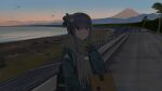  1girl absurdres bag beach bird black_gloves gloves grey_scarf hat highres jacket kutoha long_sleeves mountain outdoors road scarf shima_rin smile solo stairs standing upper_body violet_eyes yurucamp 