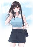  1girl absurdres bag bare_shoulders black_hair blue_sky bracelet breasts casual clouds cloudy_sky collarbone cowboy_shot earrings final_fantasy final_fantasy_vii final_fantasy_vii_remake handbag highres jewelry kt9_ct large_breasts long_hair looking_at_viewer open_mouth red_eyes shorts signature sky solo standing tifa_lockhart 