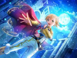  1girl alternate_hairstyle armor cape daiba_nana dutch_angle earrings fang full_moon fur_trim game_cg green_eyes jewelry leo_(constellation) leo_(zodiac) looking_at_viewer moon night official_art open_mouth orange_hair pants pillar ponytail red_cape ring shoujo_kageki_revue_starlight shoujo_kageki_revue_starlight_-re_live- solo standing white_pants zodiac 