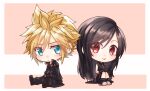  1boy 1girl black_footwear black_gloves black_hair black_shorts blonde_hair blue_eyes chibi closed_mouth cloud_strife earrings final_fantasy final_fantasy_vii final_fantasy_vii_advent_children full_body gloves high_collar highres jewelry long_hair mizuamememe red_eyes shirt shorts sitting smile spiky_hair tifa_lockhart 