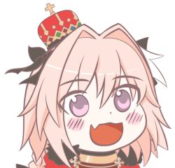  1boy androgynous astolfo_(fate) astolfo_(rider)_(fate) astolfo_(third_ascension)_(fate) black_bow blush_stickers bow braid cape chibi crown fang fate/apocrypha fate_(series) gold_trim gyate_gyate hair_bow hair_intakes male_focus mini_crown multicolored_hair official_alternate_costume open_mouth pink_hair portrait red_cape skin_fang smile solo streaked_hair transparent_background violet_eyes white_hair xeren3 