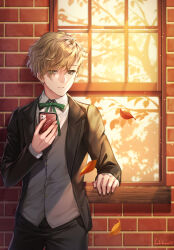  1boy absurdres artist_name autumn autumn_leaves black_jacket black_pants blonde_hair brick_wall brown_eyes buttons cellphone closed_mouth collarbone collared_shirt commentary_request cowboy_shot expressionless falling_leaves formal_clothes green_ribbon grey_vest hair_between_eyes hand_rest highres holding holding_phone jacket kudo_kunugi leaf light_particles long_sleeves looking_to_the_side male_focus neck_ribbon open_clothes open_jacket original outdoors pants phone reflection ribbon shirt short_hair smartphone solo standing suit_jacket tree vest waistcoat white_shirt window windowsill 