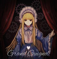  1girl black_eyes black_souls black_souls_2 blonde_hair blue_dress character_name commentary curtains doll_alice_(black_souls) dress elemi_souls empty_eyes english_commentary frilled_sleeves frills gears grand_guignol_(black_souls) highres juliet_sleeves long_hair long_sleeves looking_at_viewer puffy_sleeves smile solo upper_body white_headdress wide_sleeves 