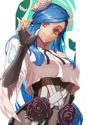  1girl absurdres angel_wings black_dress black_flower blue_hair border breasts closed_mouth commentary_request crop_top crop_top_overhang dizzy_(guilty_gear) dress fingerless_gloves flower gloves guilty_gear guilty_gear_strive hair_flower hair_ornament hand_on_own_chest highres katohisui large_breasts long_hair looking_at_viewer mature_female necro_(guilty_gear) queen_dizzy red_eyes sidelocks smile swept_bangs undine_(guilty_gear) waving white_border white_flower wings yellow_flower 