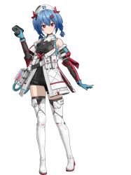  1girl bare_shoulders blue_gloves blue_hair blush boots breasts closed_mouth colphne_(girls'_frontline_2) dress full_body girls'_frontline_2:_exilium girls_frontline gloves hair_between_eyes hair_ornament hairclip hat highres holding looking_at_viewer luofang_hangzhou medium_hair nurse_cap red_eyes short_twintails simple_background smile solo standing thigh-highs thigh_boots twintails white_background 