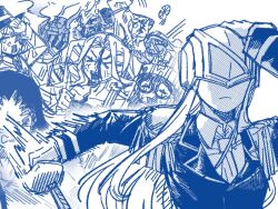  1girl black_jacket bleeding blood collared_shirt commentary_request crying crying_with_eyes_open epaulettes fbiwawbdab2829m gloves helmet holding holding_sword holding_weapon jacket juiz_(undead_unluck) long_hair long_sleeves meme multiple_others naoya_hitting_choso_without_looking_(meme) necktie shirt sword tears uma_(undead_unluck) undead_unluck weapon white_background white_shirt 